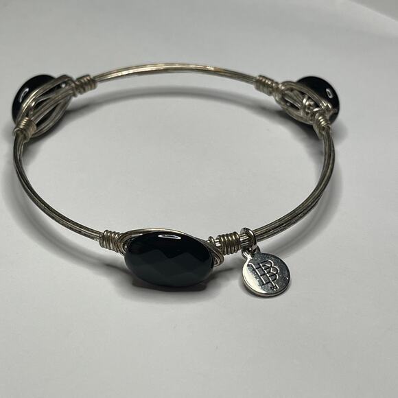 BOURBON & BOWETIES silver tone faceted black bracelet bangle jewelry wire wrap - Picture 3 of 11